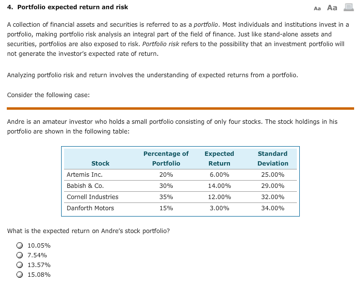 4. Portfolio expected return and risk Aa Aa A collection of