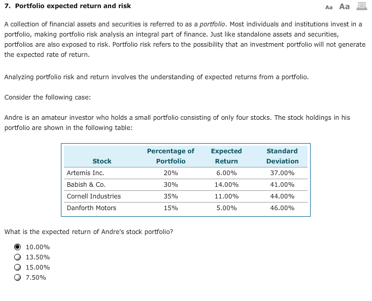  7. Portfolio expected return and risk Aa Aa A collection of