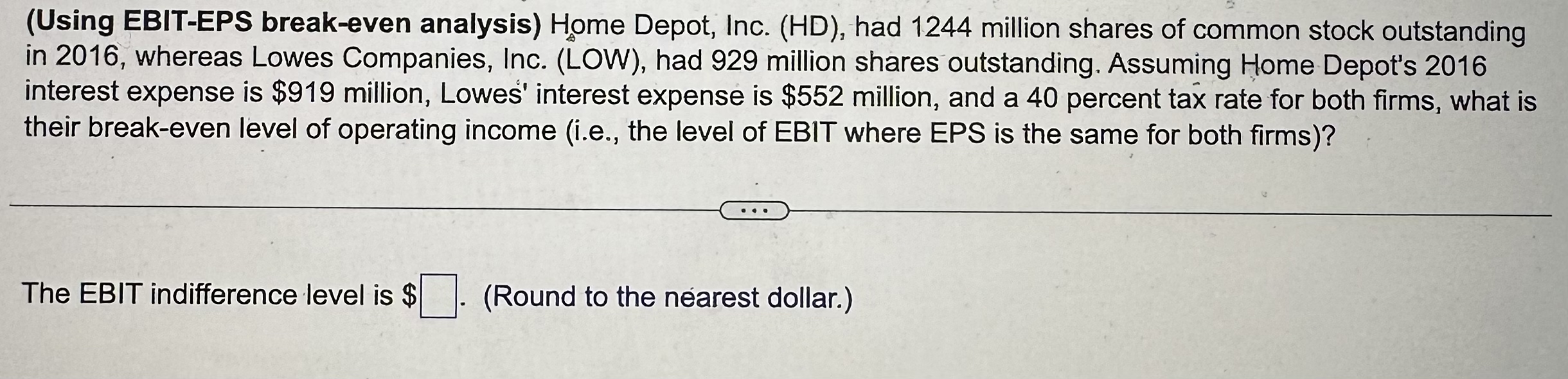  (Using EBIT-EPS break-even analysis) Home Depot, Inc. (HD), had 1244 million