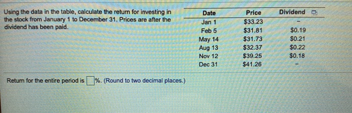  Dividend Using the data in the table, calculate the return for