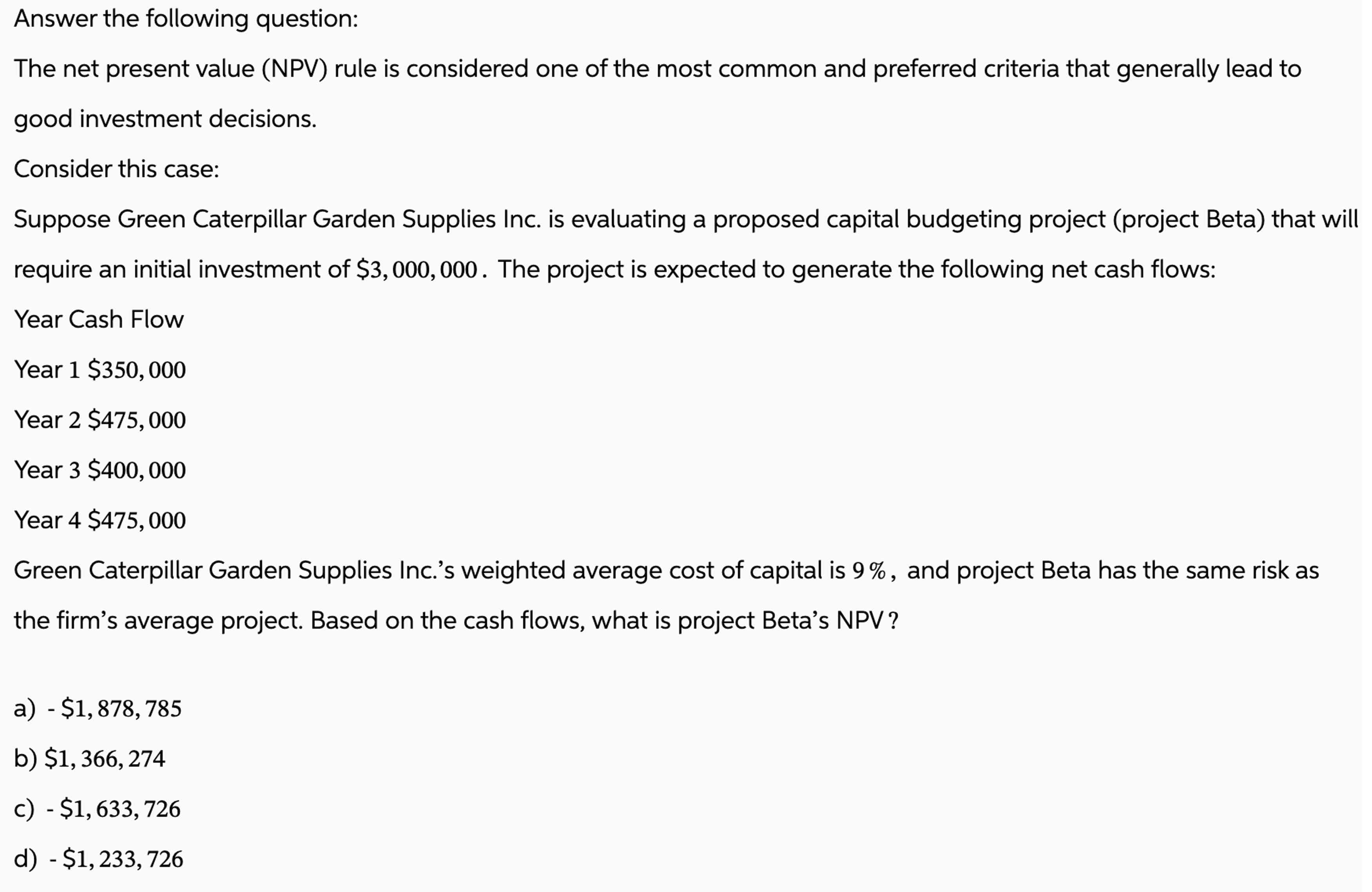  Answer the following question: The net present value (NPV) rule is
