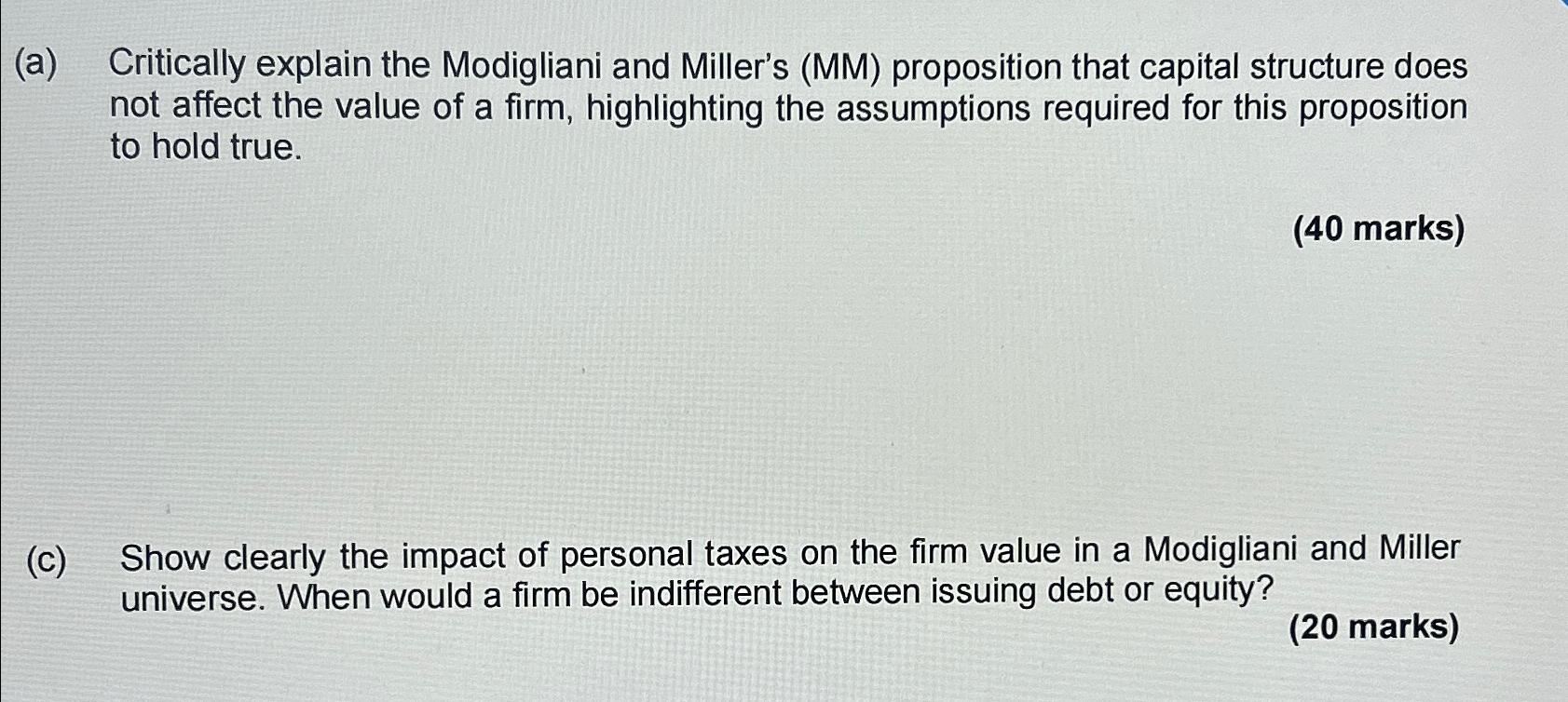  (a) Critically explain the Modigliani and Miller's (MM) proposition that capital