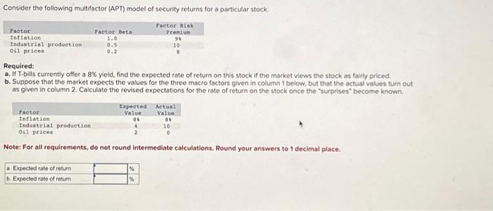  Consider the following multifactor (APT) model of security returns for a
