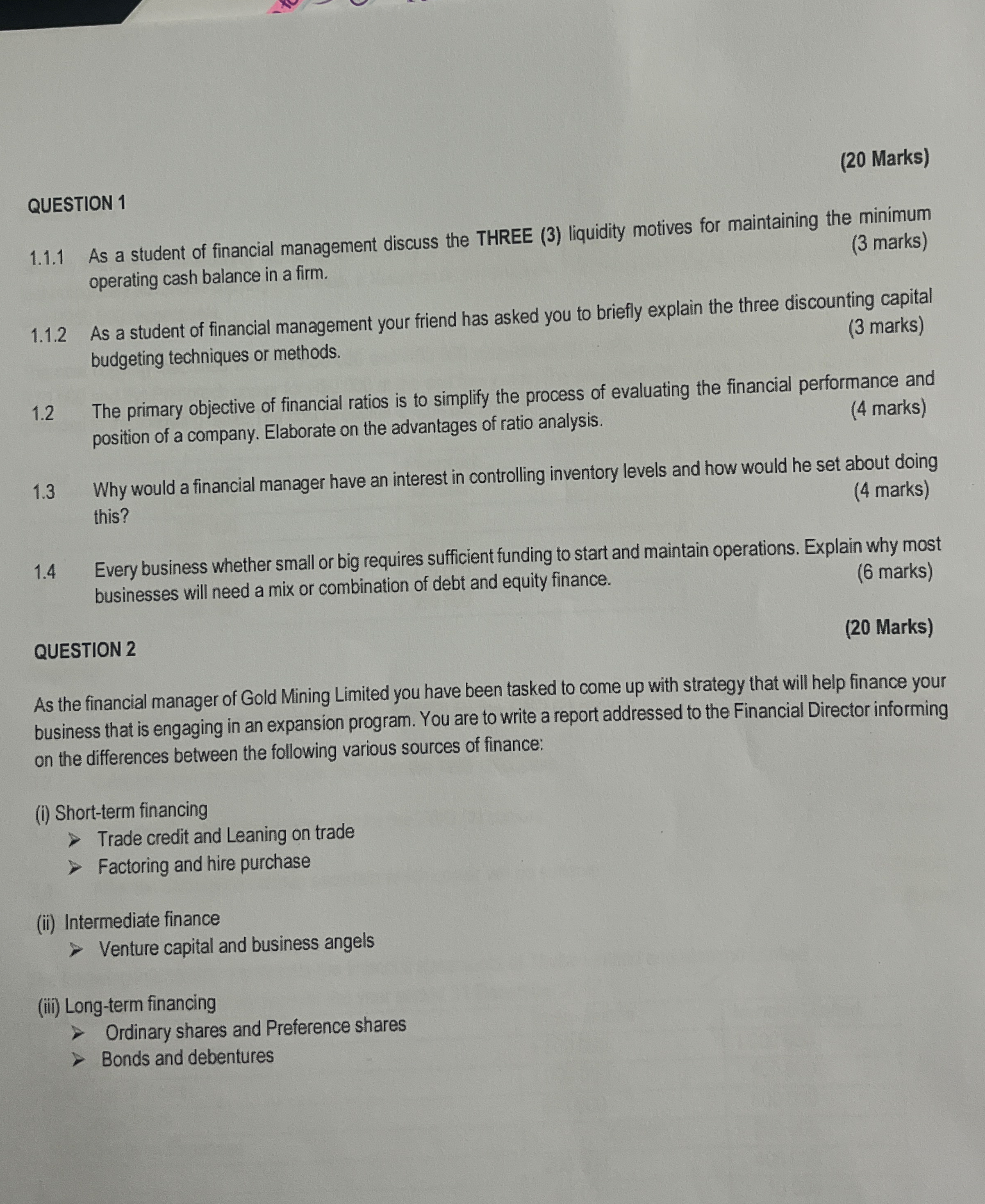  (20 Marks) QUESTION 1 1.1.1 As a student of financial management