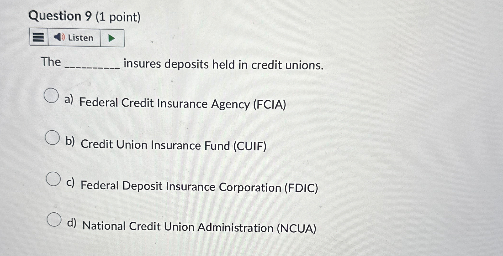  Question 9(1 point) Listen The insures deposits held in credit unions.