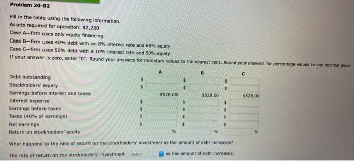  Problem 20-02 Fill in the table using the following information Assets