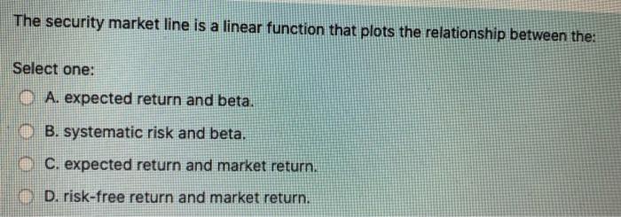  The security market line is a linear function that plots the