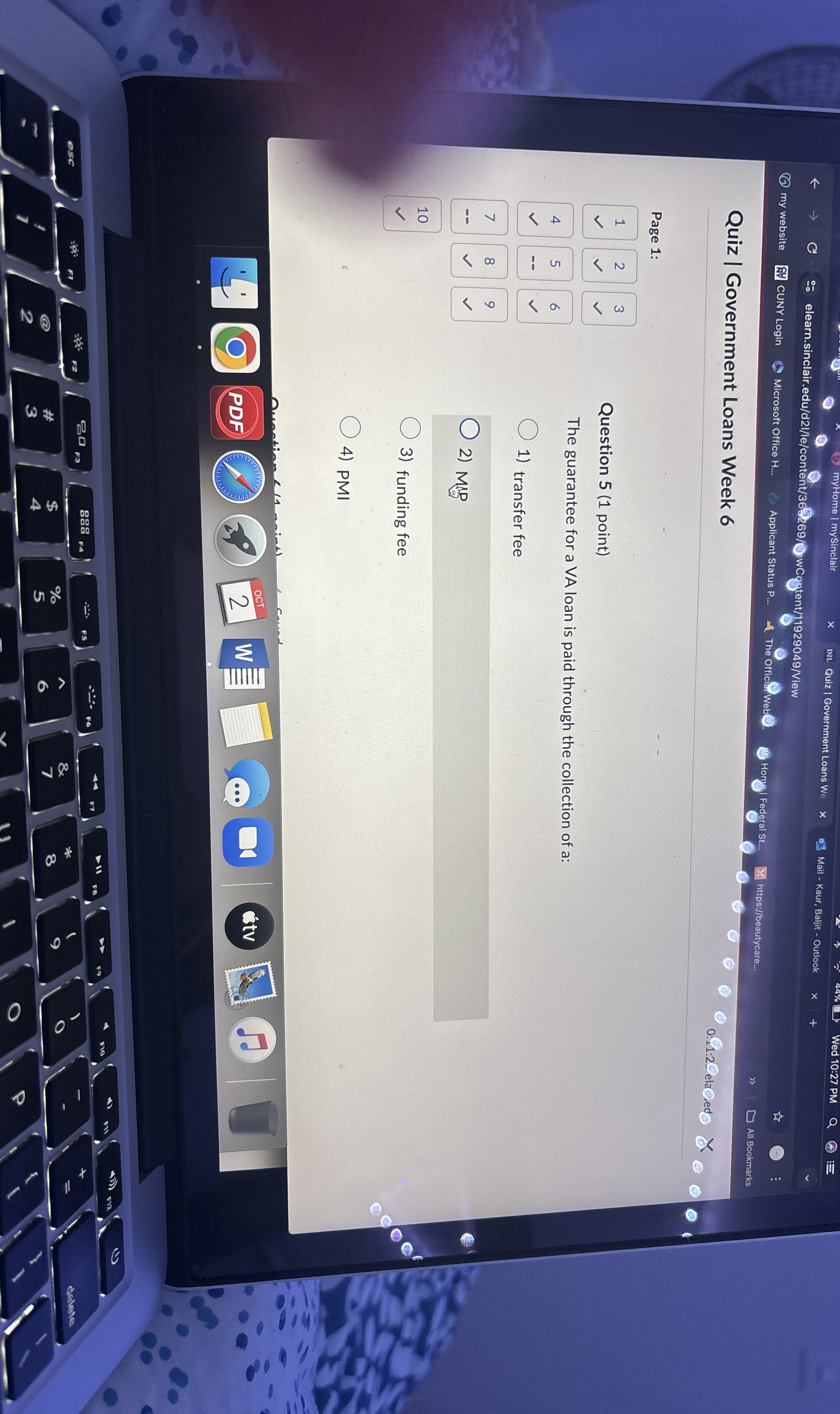  Question 5(1 point) The guarantee for a VA loan is paid