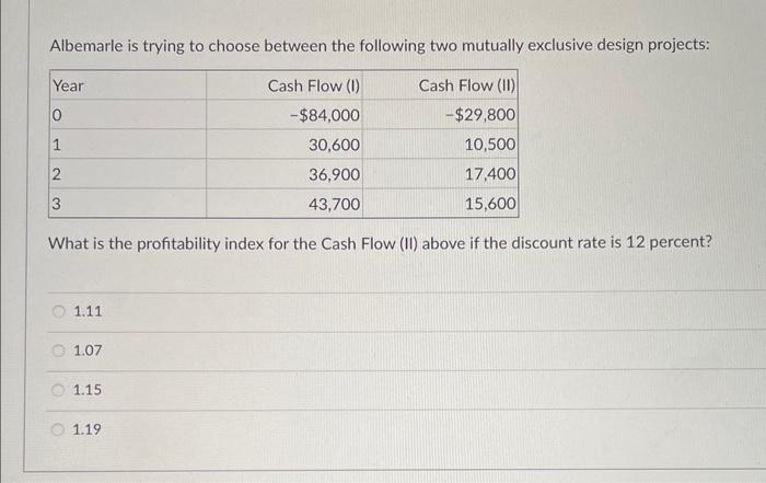  Albemarle is trying to choose between the following two mutually exclusive