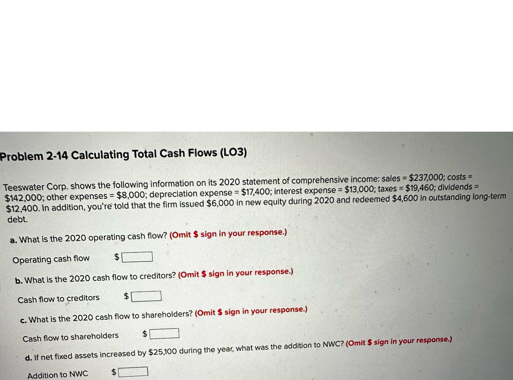  Problem 2-14 Calculating Total Cash Flows (LO3) Teeswater Corp. shows the