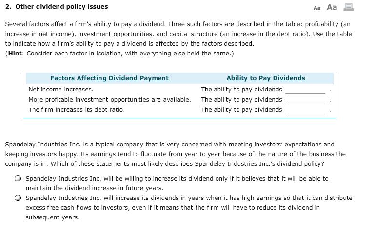 2. Other dividend policy issues Aa Aa Several factors affect a