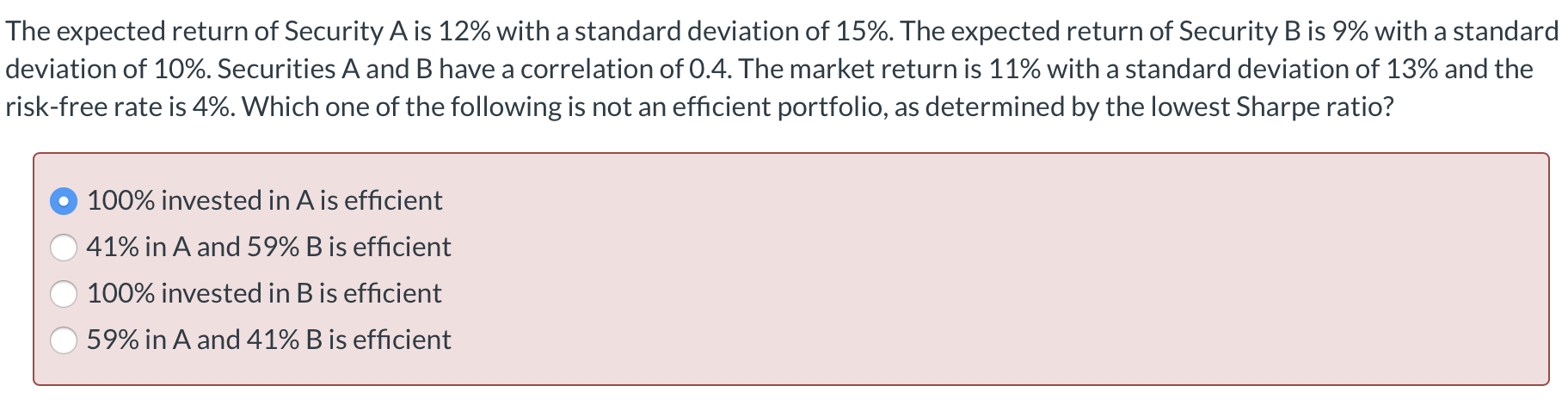 The expected return of Security A is 12% with a standard