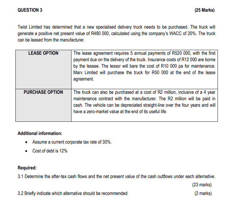  QUESTION 3 (25 Marks) Twist Limited has determined that a new