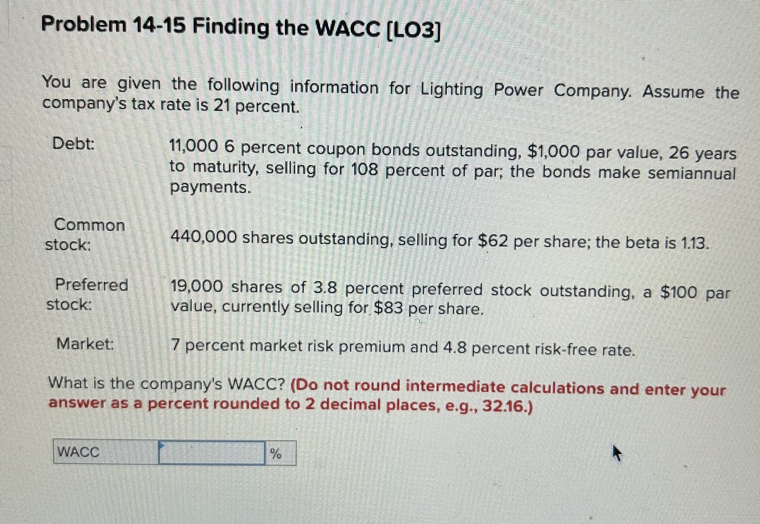  Problem 14-15 Finding the WACC [LO3] You are given the following