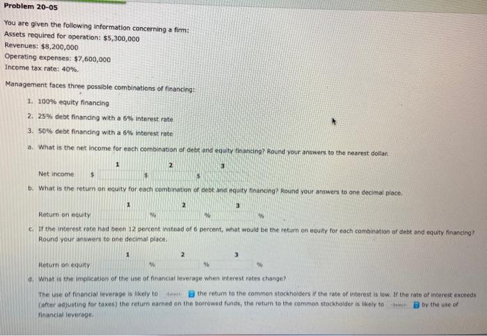 Problem 20-05 You are given the following information concerning a firm: