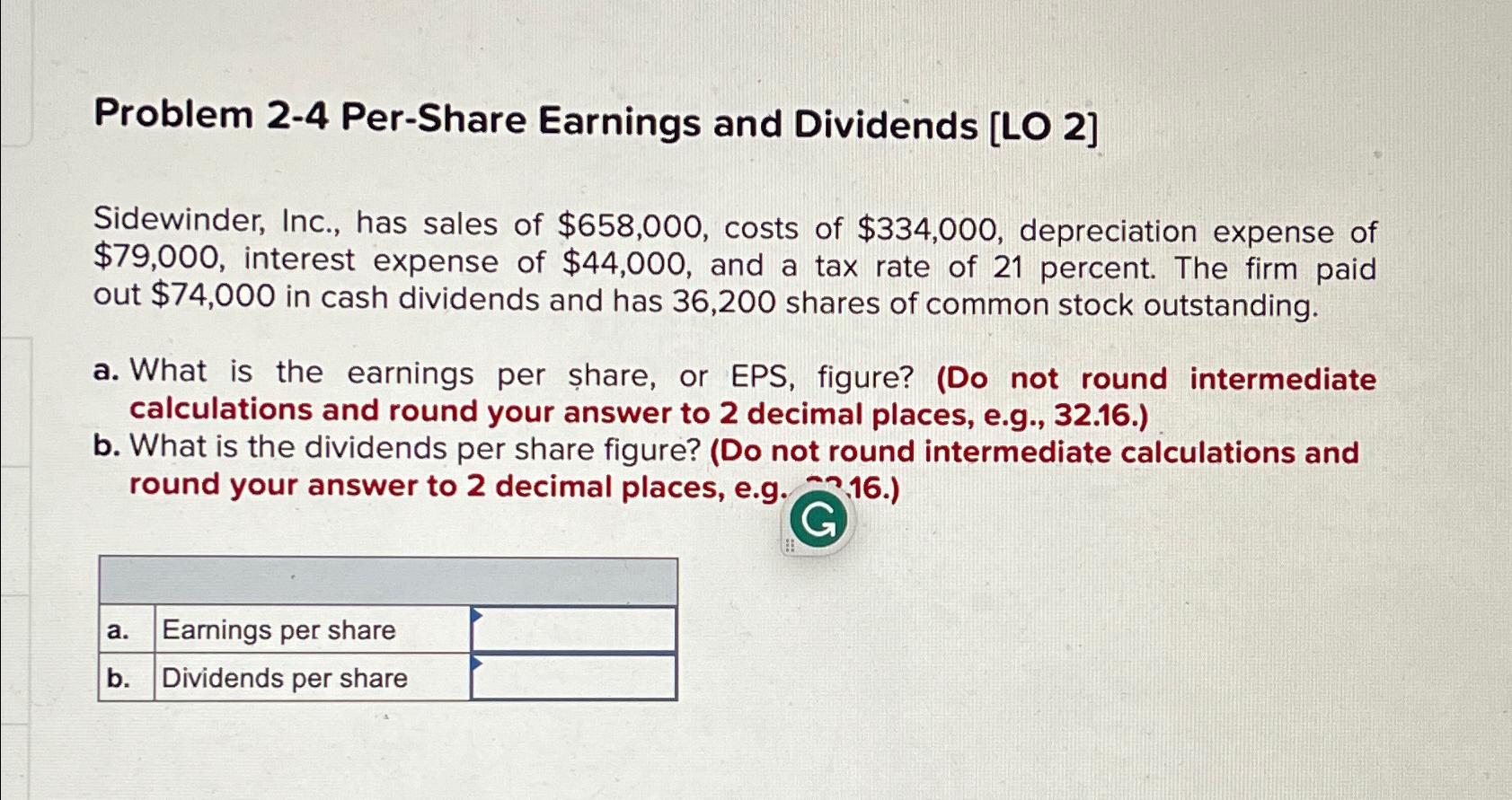  Problem 2-4 Per-Share Earnings and Dividends [LO 2] Sidewinder, Inc., has