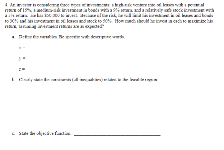  Please do parts A-F!!!!!! An investor is considering three types of