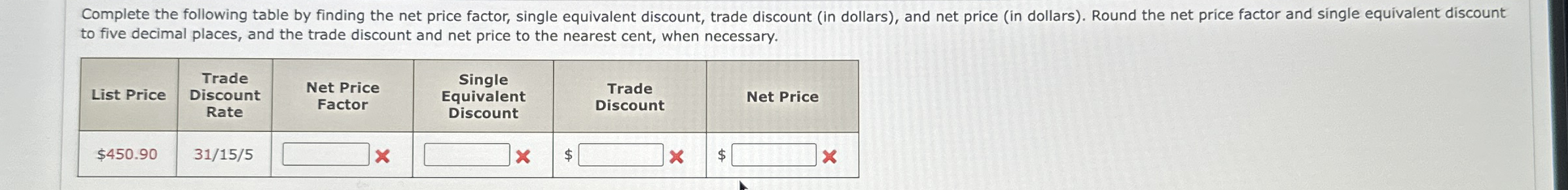  Complete the following table by finding the net price factor, single