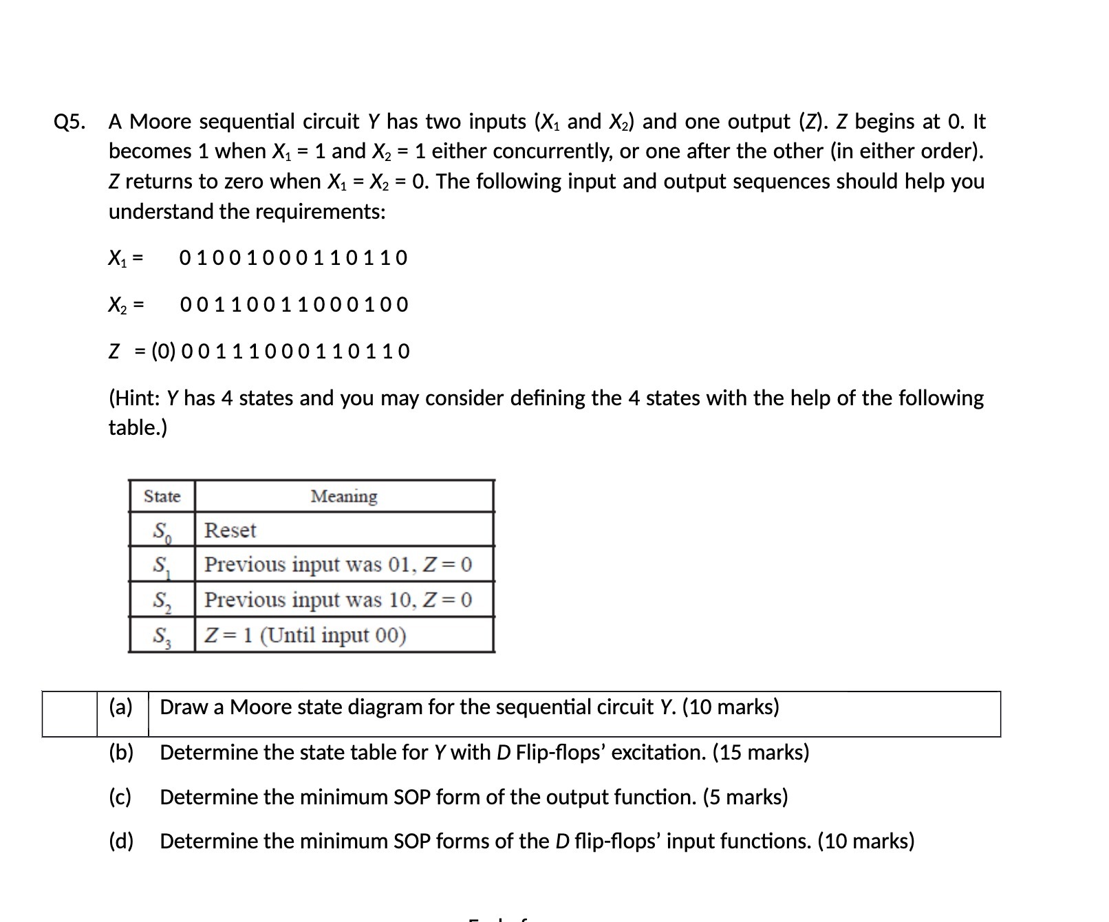  Q5. A Moore sequential circuit Y has two inputs (X1 and