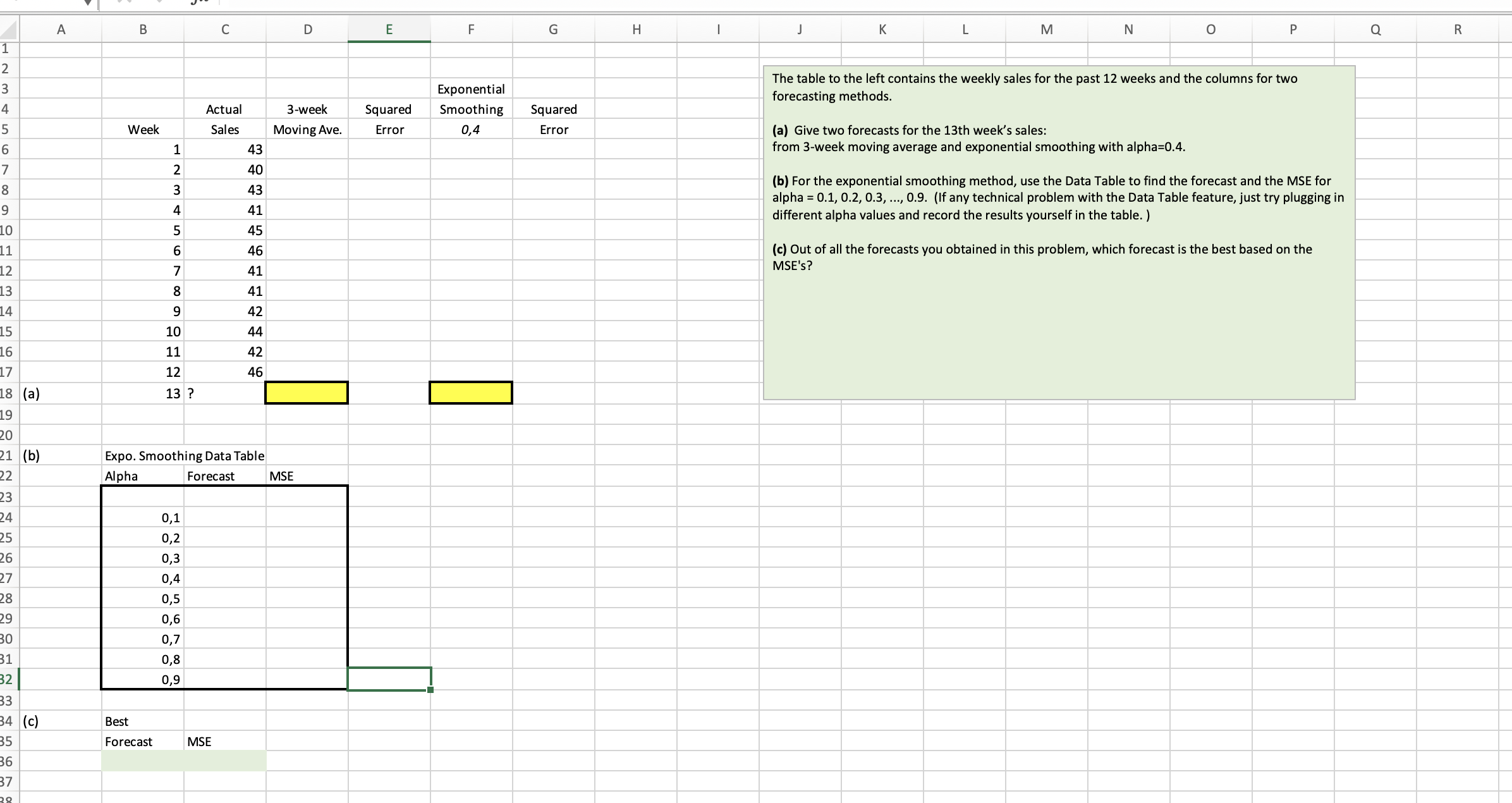  Question 10(5 points) (a) Forecast from 3-week moving average is _____(round