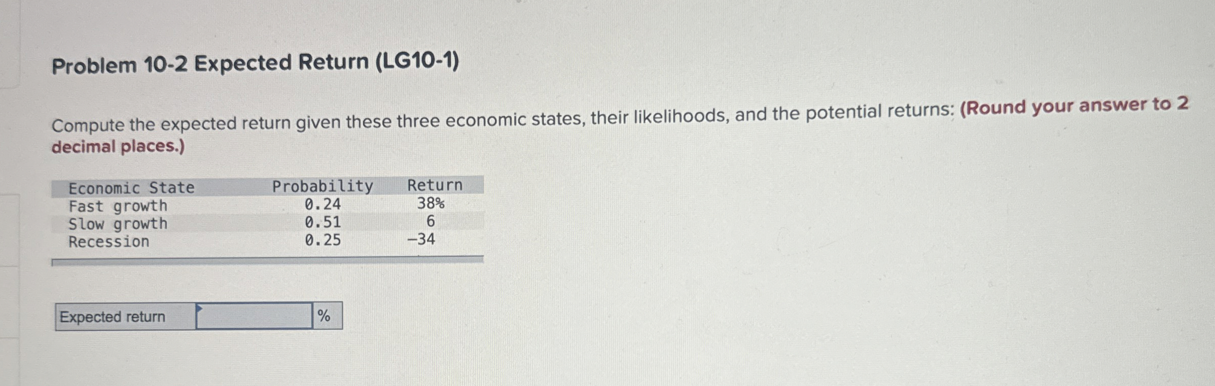  Problem 10-2 Expected Return (LG10-1) Compute the expected return given these