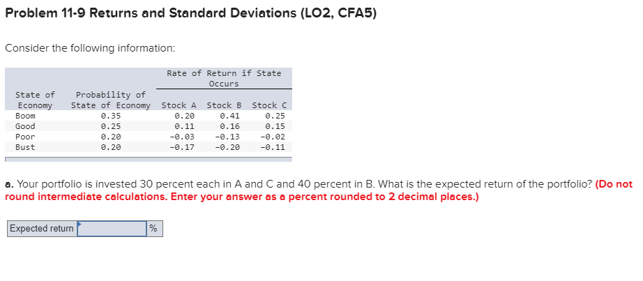  Problem 11-9 Returns and Standard Deviations (LO2, CFA5) Consider the following