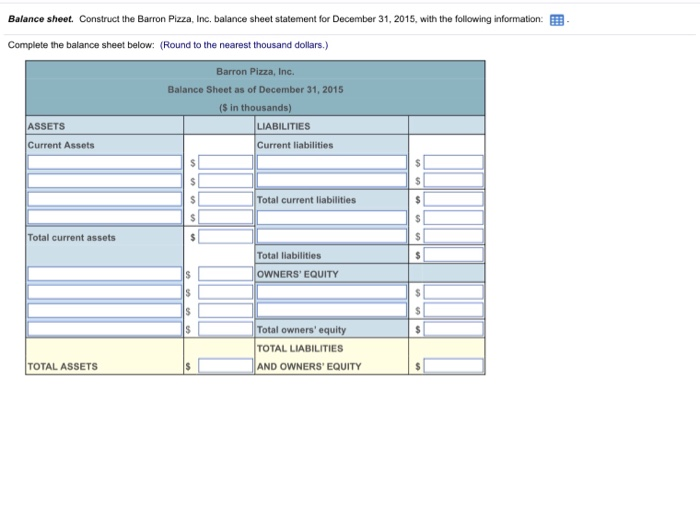  Balance sheet. Construct the Barron Pizza, Inc. balance sheet statement for