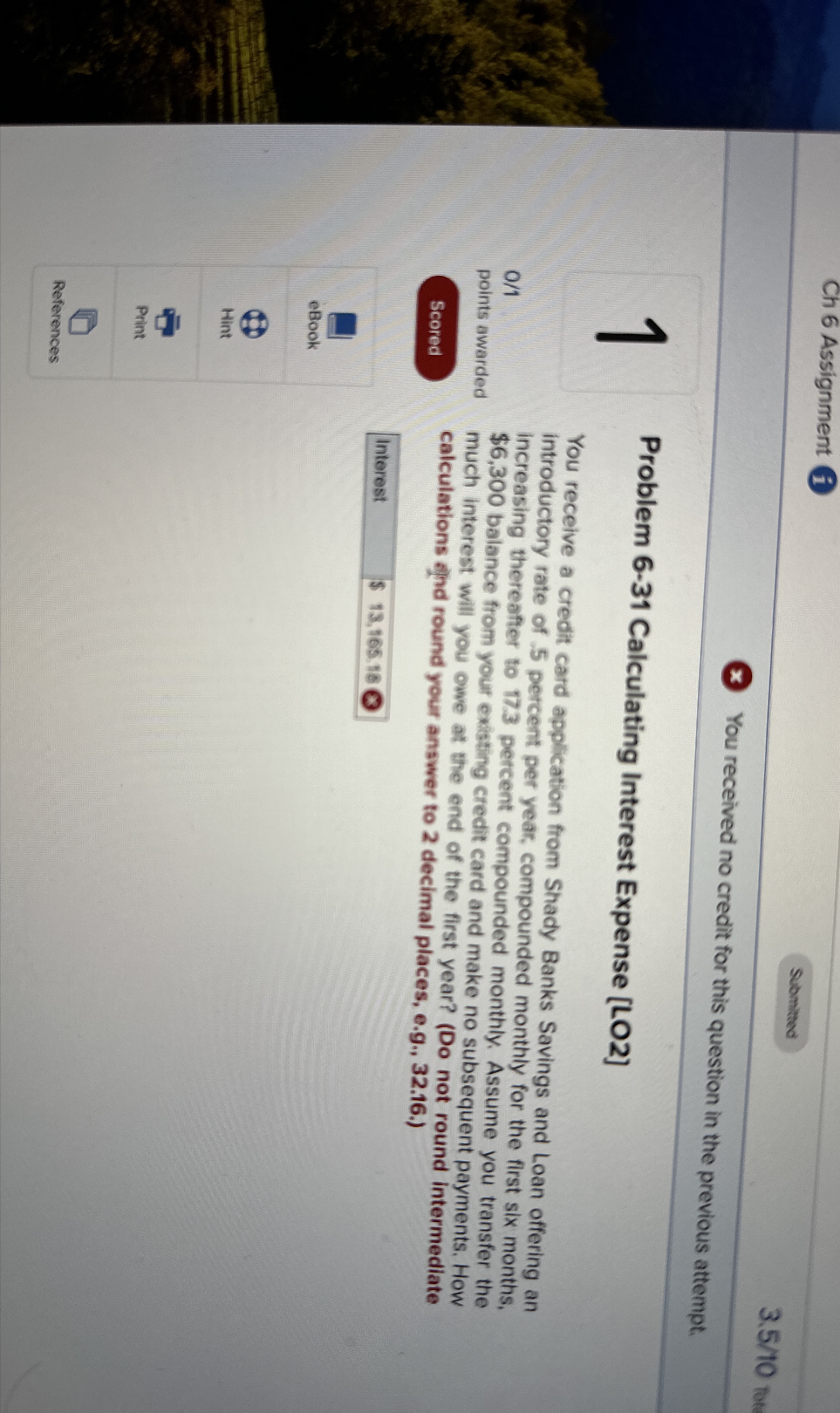  Ch 6 Assignment (i) Submitted 3.510 Tot You received no credit