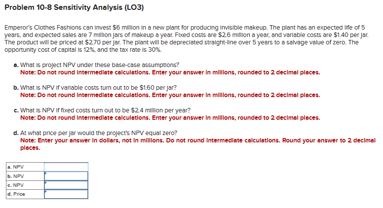  Problem 10-8 Sensitivity Analysis (LO3) Emperor's Clothes Fashions can Invest $6