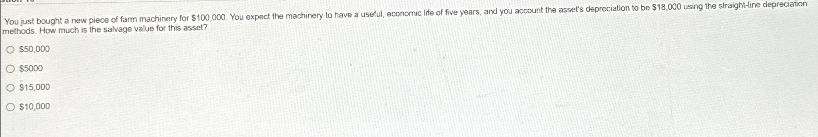  methods. How much is the salvage value for this asset? $50,000