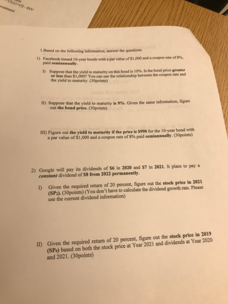 please help with part 2, # 1) and 2) CF/(1+r) - INV