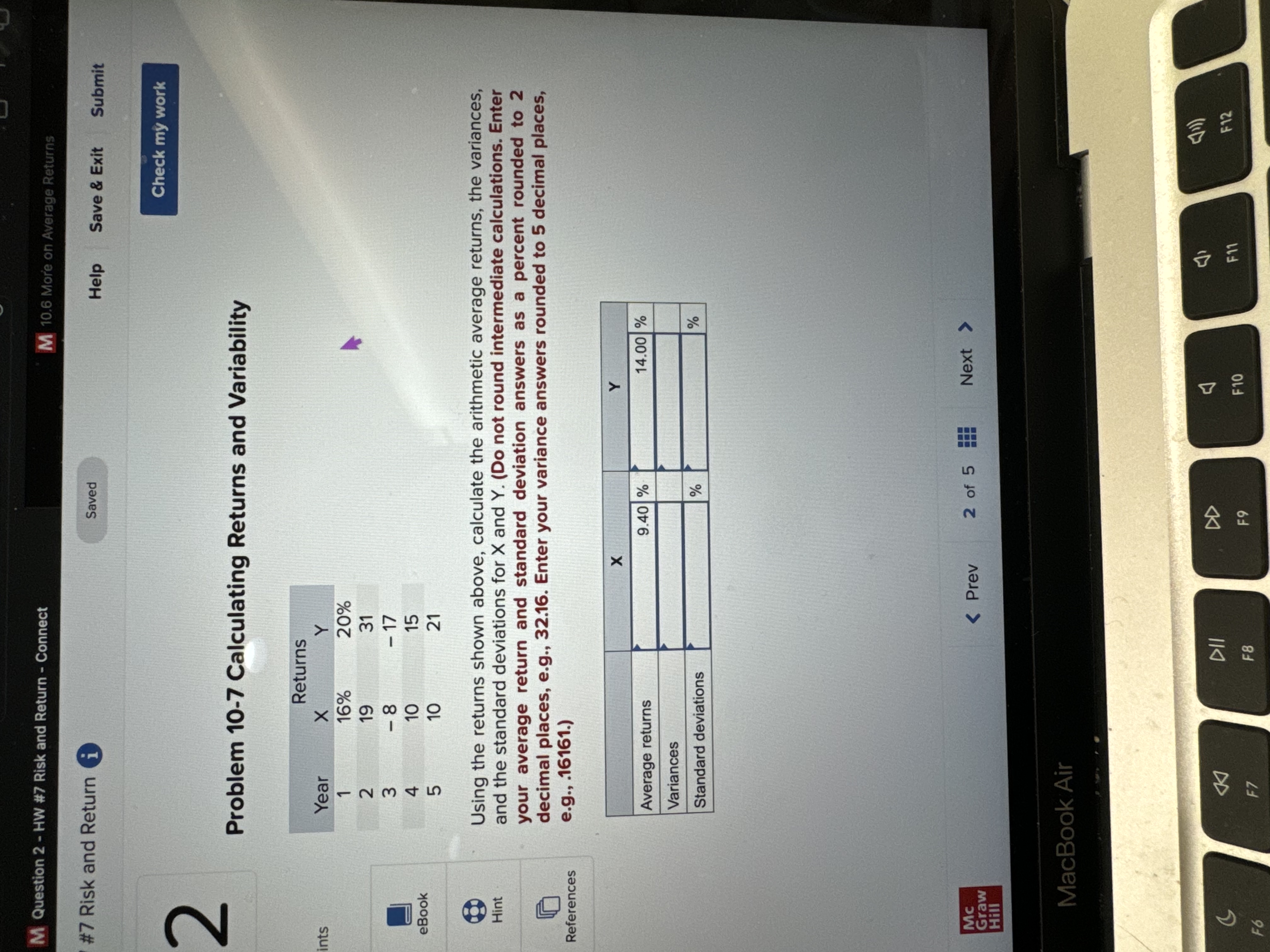  Question 2- HW #7 Risk and Return - Connect 10.6 More