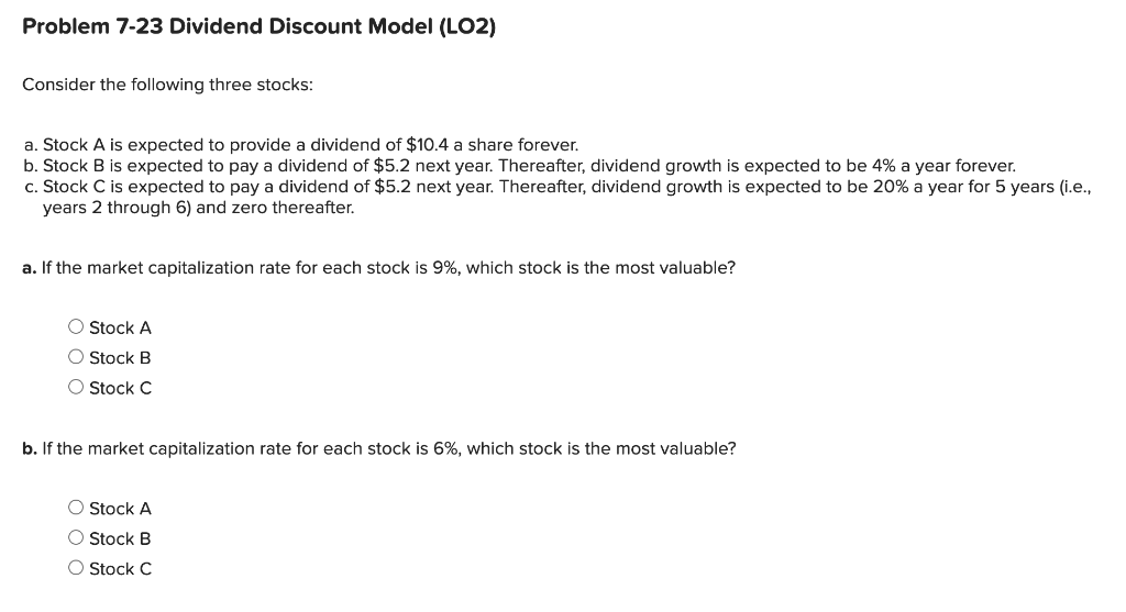  Problem 7-23 Dividend Discount Model (LO2) Consider the following three stocks: