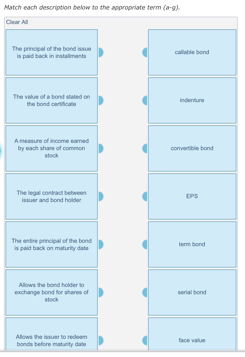  Match each description below to the appropriate term (a-g). Clear All