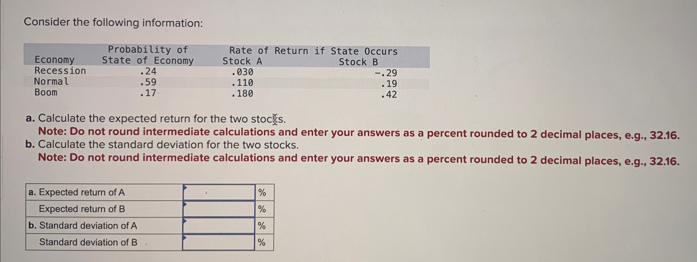  Consider the following information: \table[[,Probability of,Rate of Return if,],[Economy,State of Economy,Stock