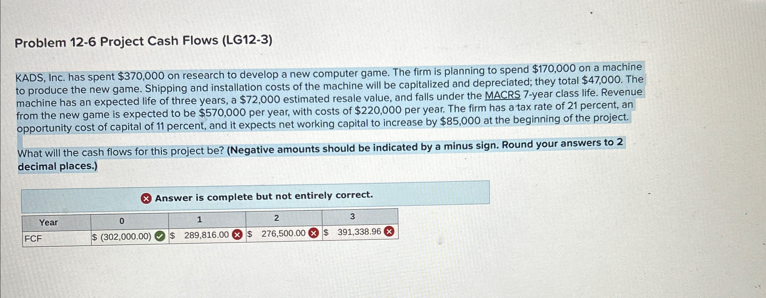 Problem 12-6 Project Cash Flows (LG12-3) KADS, Inc. has spent $370,000