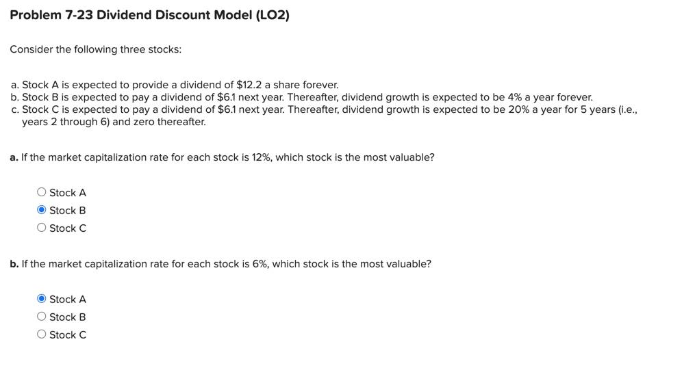 Problem 7-23 Dividend Discount Model (LO2) Consider the following three stocks: