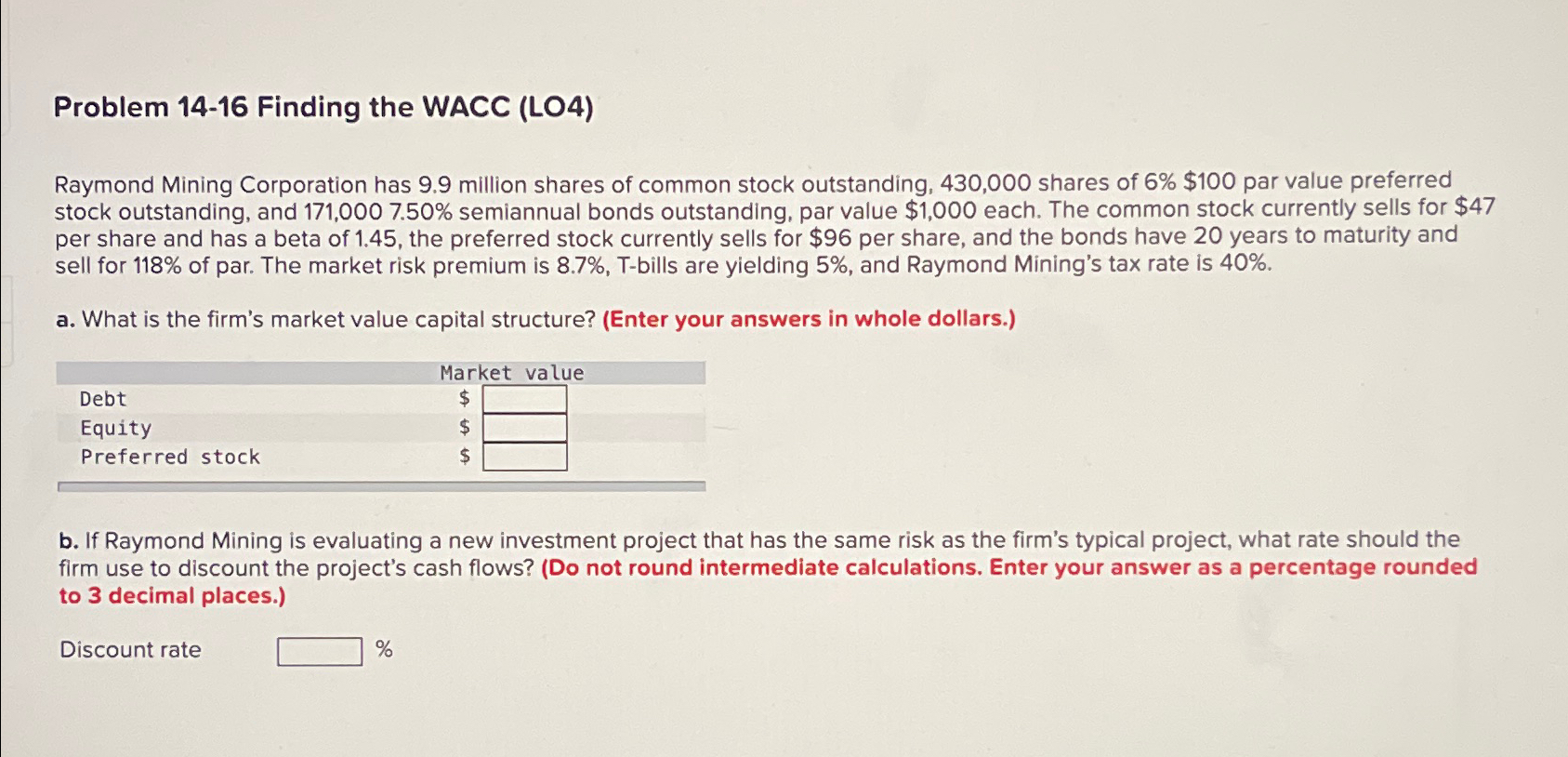  Problem 14-16 Finding the WACC (LO4) Raymond Mining Corporation has 9.9