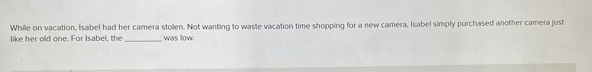  While on vacation, Isabel had her camera stolen. Not wanting to
