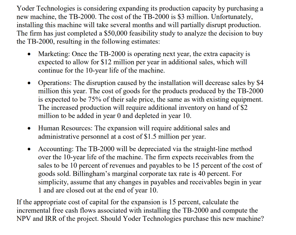  Yoder Technologies is considering expanding its production capacity by purchasing a