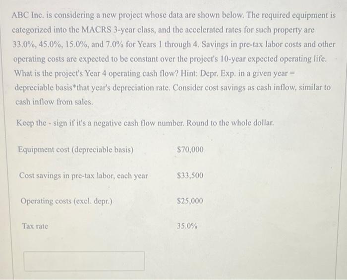  ABC Inc. is considering a new project whose data are shown