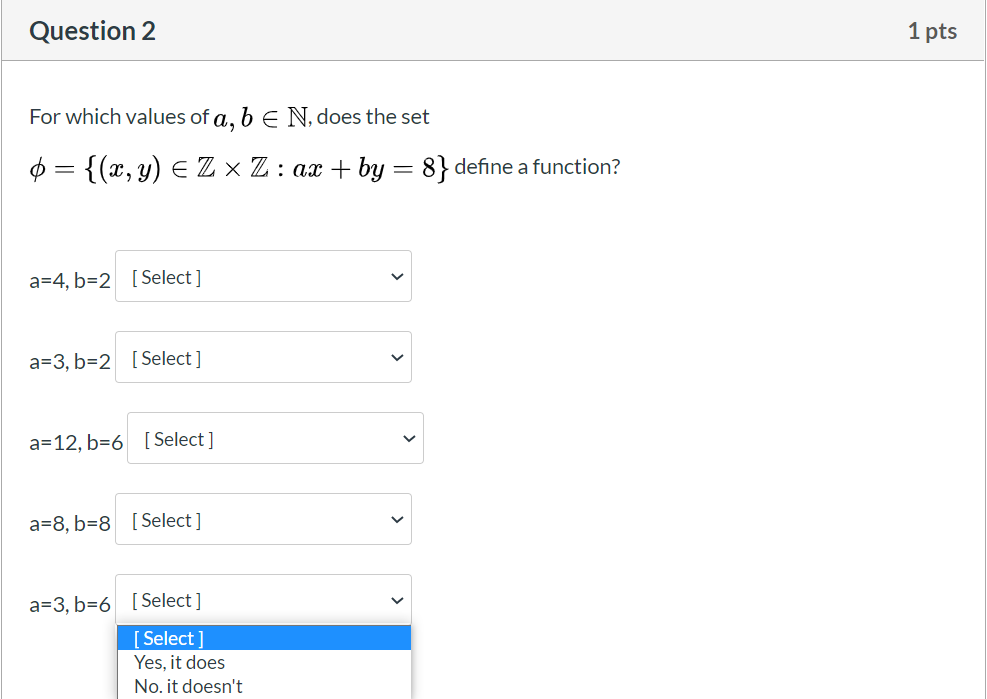 please provide explanation for answer Question 2 1 pts For which values