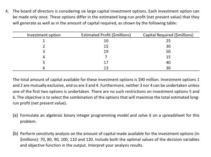 excel problem. Formulate an algebraic binary integer programming model and solve it