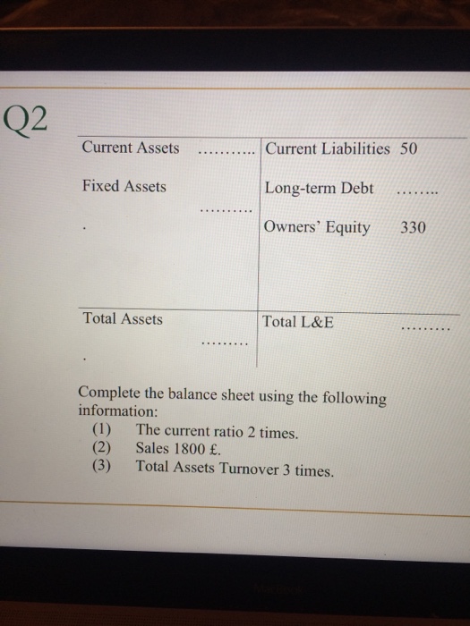  2 Current Liabilities 50 Long-term Debt Owners' Equity 330 Current Assets