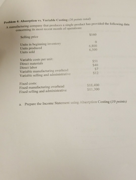  Problem 4: Absorption vs. Variable Costing (20 points total) A manufacturing