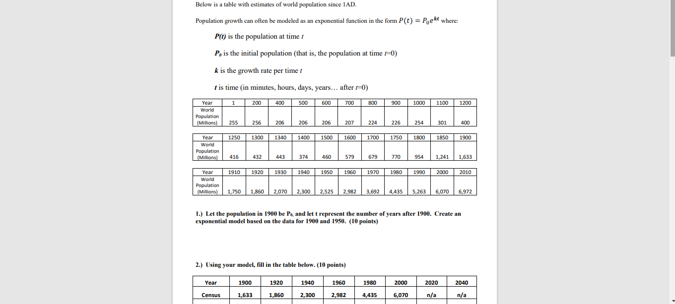 Helllo please I need help World population Below is a table with