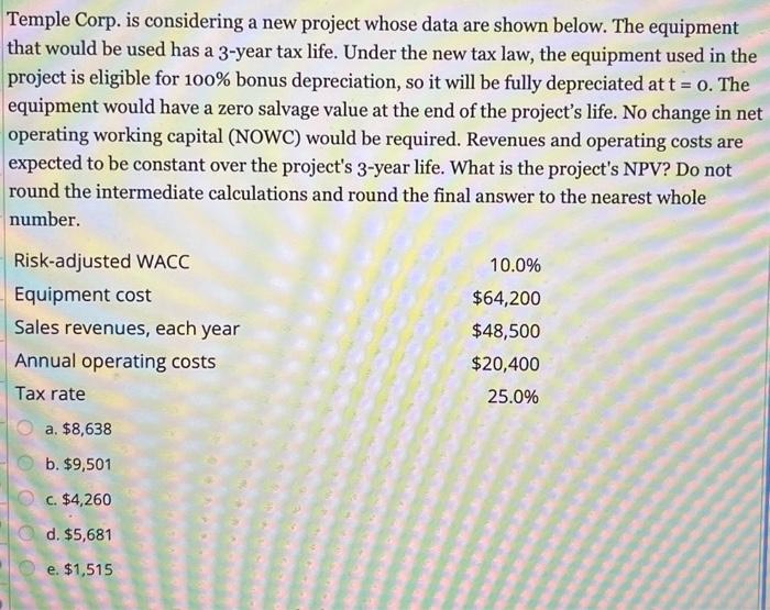  Temple Corp. is considering a new project whose data are shown