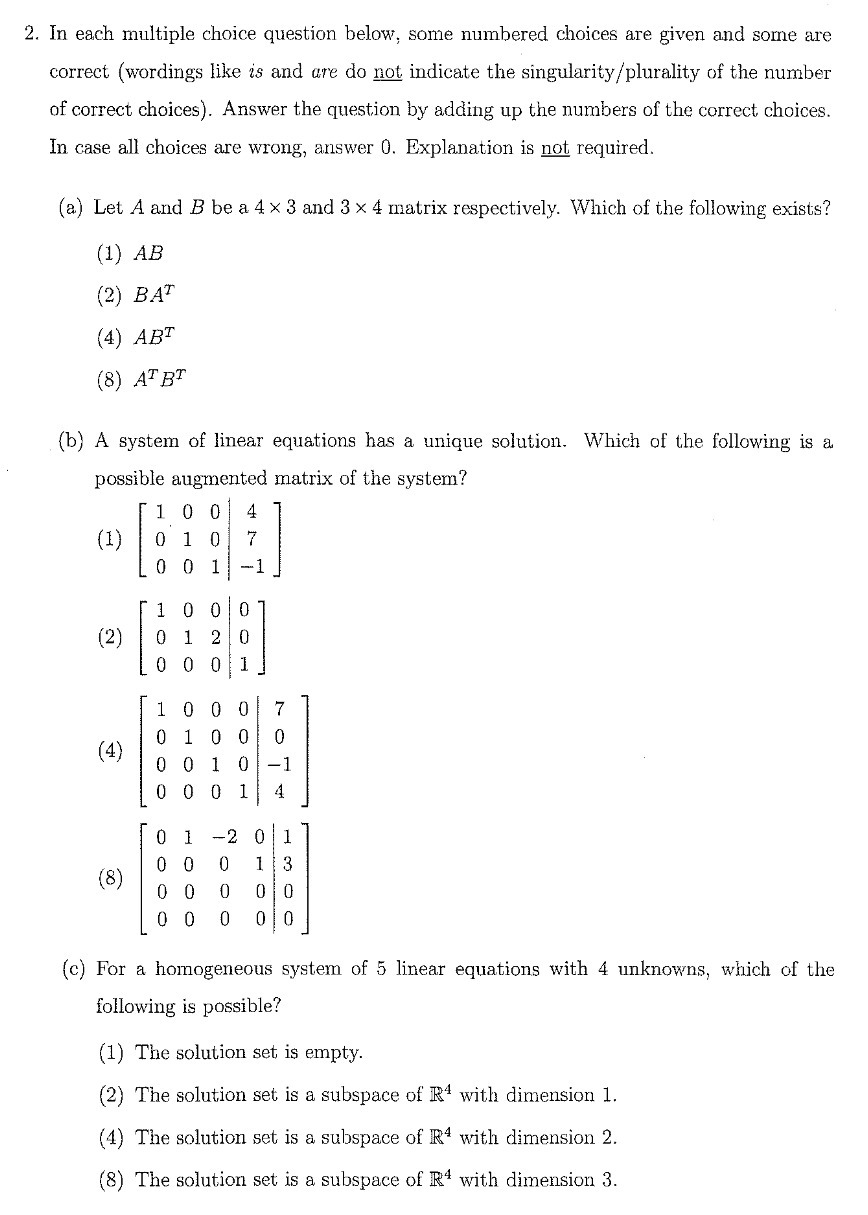 2. In each multiple choice question belowg some numbered choices are