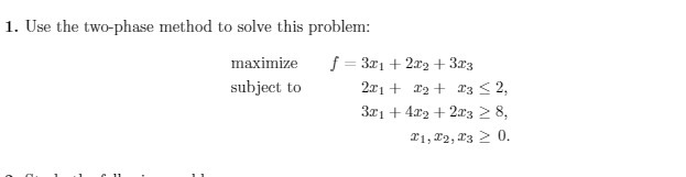  1. Use the two-phase method to solve this problem: maximize f