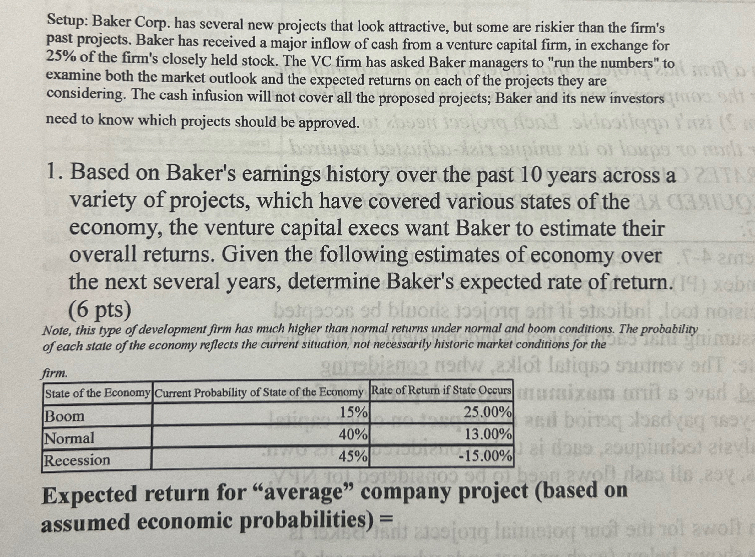  Setup: Baker Corp. has several new projects that look attractive, but